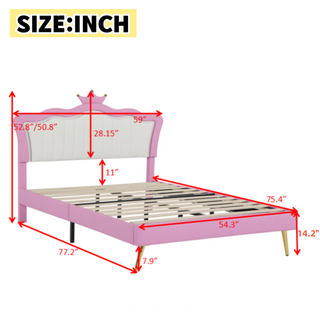 Sunvega Full Size Upholstered Princess Bed with Crown Headboard and LED Lights