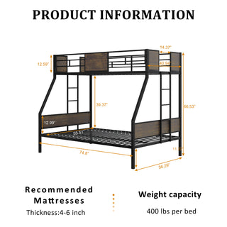 Sunvega Twin Over Full Metal Bunk Bed Frame with Guardrail and 2 Ladders for Kids
