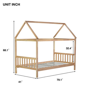Sunvega Twin Rubber Wood House Bed with Headboard and Footboard in Light Grey