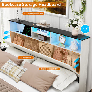 Sunvega Farmhouse Full Size Bed Frame with Storage Headboard, Drawers, Charging Station & LED Lights