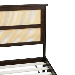 Sunvega Full Size Bed with Rattan Headboard Two Storage Drawers and Enhanced Support Slats