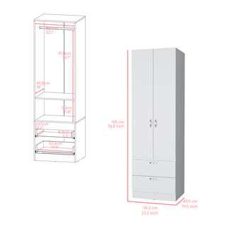 Sunvega White Bedroom Armoire with Spacious Storage Cabinet and Two Drawers