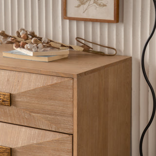 Sunvega Light Wood 6-Drawer Dresser with Geometric Relief and Gold Metal Legs