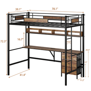 Sunvega Twin Loft Bed with L-Shaped Desk, Charging Station, Fabric Drawers & Safety Guardrail