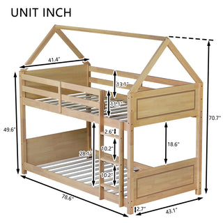 Sunvega Twin Over Twin Wooden House Bunk Bed with Headboards Footboards Guardrails Ladder