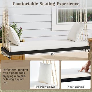 Sunvega Patio Wooden Swing Chair with Cushion and Pillows, Hanging Porch Bench for Garden and Backyard