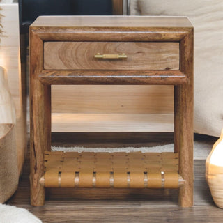 Sunvega Handcrafted Solid Mango Wood Nightstand with Drawer and Woven Shelf
