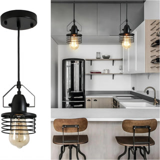 Sunvega Industrial Black Metal Cage Pendant Light with Adjustable Height for Kitchen