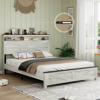 Sunvega Queen Bed Frame with LED Lights Headboard Charging Station and Hidden Storage