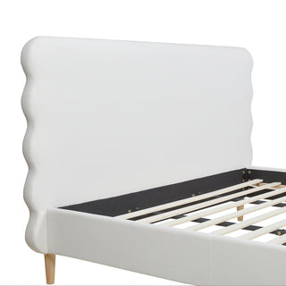 Sunvega Retro Modern Wavy Headboard Platform Bed with Upholstered Frame in Antique White