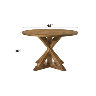 Sunvega Weathered Oak Finish Round Pedestal Dining Table with Wooden X-Design Base