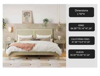 Sunvega Solid Wood Queen Bed Frame with Rattan Headboard and Silent Slats