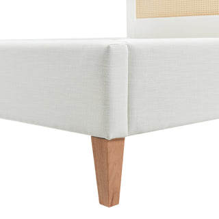 Sunvega Antique White Polyester Upholstered Cane-Back Platform Bed with Birch Frame