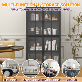 Sunvega Modern Kitchen Pantry Cabinet with Glass Doors and Adjustable Shelves for Living Room