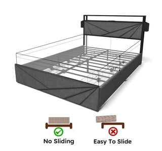 Sunvega Queen Upholstered Bed Frame with Headboard LED Lights Charging Station and 4 Storage Drawers
