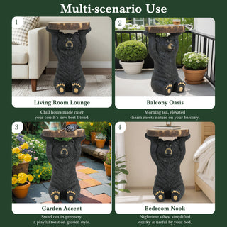 Sunvega Black Bear MGO Pedestal End Table Stool with Faux Wood-Grain Tabletop for Indoor and Outdoor Decor