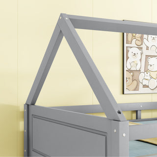 Sunvega Twin Over Twin Wooden House Bunk Bed with Headboards Footboards Guardrails Ladder