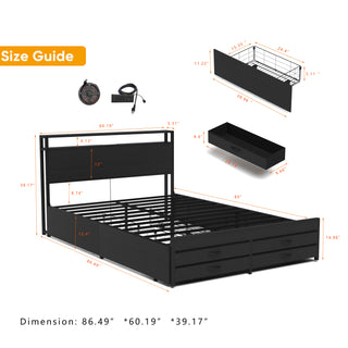 Sunvega Full Size Storage Bed Frame with LED Headboard Charging Station and 8 Drawers