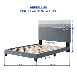 Sunvega Plush Velvet Upholstered Platform Bed with Nailhead Trim and Padded Headboard