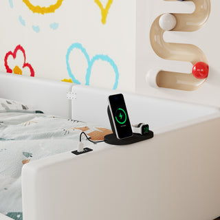 Sunvega Pink Twin Size Upholstered Platform Bed with Guardrail and Charging Station
