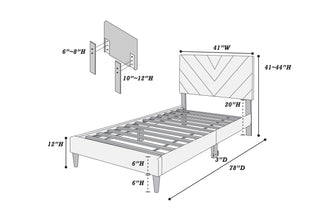 Sunvega Adjustable Velvet Upholstered Twin Bed with 12-Slat Support System