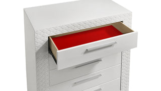 Sunvega White Quilted Texture Modern Five Drawer Chest with Red Lined Interiors