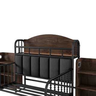 Sunvega Kids Full Metal Bed with Upholstered Headboard LED Lights and Storage