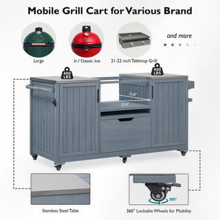 Sunvega 66.5" Solid Fir Wood Outdoor Kitchen Island Cart with Stainless Steel Top for Big Green Egg Grills