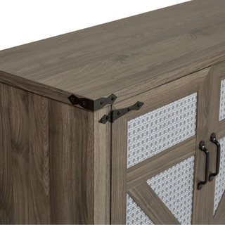 Sunvega 65-Inch Rustic Oak Faux Rattan Sideboard with Four Barn Doors for Living Room