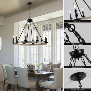 Sunvega Black Metal and Wood 10-Light Vintage Farmhouse Chandelier for Dining Room