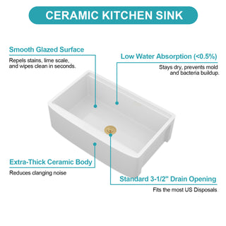 Sunvega 33 Inch White Porcelain Ceramic Farmhouse Kitchen Sink Workstation with Reversible Apron