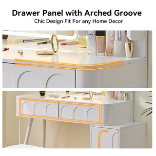 Sunvega Makeup Vanity Desk with LED Lights Mirror 4 Drawers Dressing Table Stool