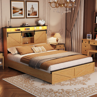 Sunvega Farmhouse Full Size Bed Frame with Storage Headboard, Drawers, Charging Station & LED Lights