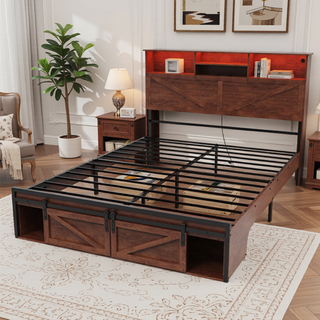 Sunvega Farmhouse Full Size Bed Frame with Storage Headboard, Drawers, Charging Station & LED Lights