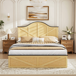 Sunvega Farmhouse Full Size Bed Frame with Storage Headboard, Drawers, Charging Station & LED Lights