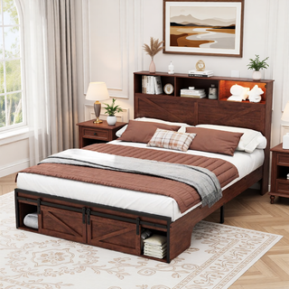 Sunvega Farmhouse Full Size Bed Frame with Storage Headboard, Drawers, Charging Station & LED Lights