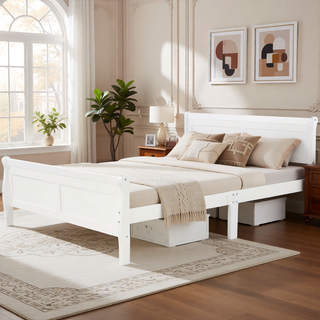 Sunvega Full Size Wood Platform Bed with Headboard and Classic Solid Wood Slat Support