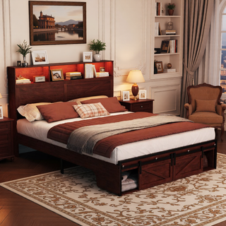 Sunvega Farmhouse Full Size Bed Frame with Storage Headboard, Drawers, Charging Station & LED Lights