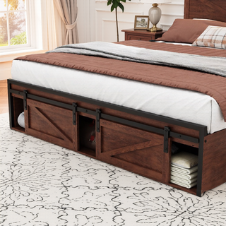 Sunvega Farmhouse Full Size Bed Frame with Storage Headboard, Drawers, Charging Station & LED Lights