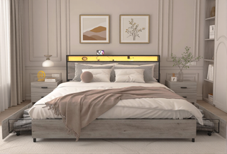 Sunvega Queen Bed Frame with Storage Headboard Charging Station and Smart LED Lights
