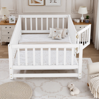 Sunvega Full Size Montessori Floor Bed with Fence Door and Slats for Kids