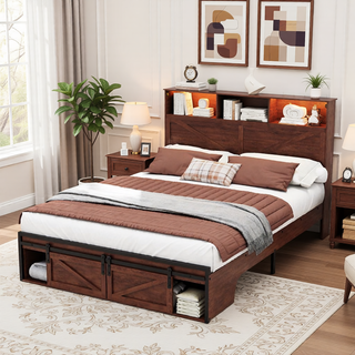 Sunvega Farmhouse Full Size Bed Frame with Storage Headboard, Drawers, Charging Station & LED Lights