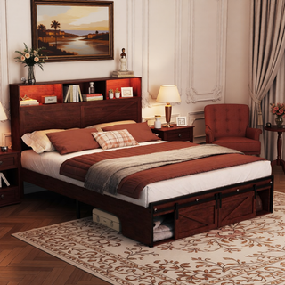 Sunvega Farmhouse Full Size Bed Frame with Storage Headboard, Drawers, Charging Station & LED Lights