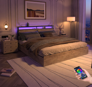 Sunvega Queen Bed Frame with Storage Headboard Charging Station and Smart LED Lights