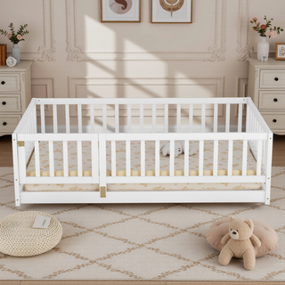 Sunvega Full Size Montessori Floor Bed with Fence Door and Slats for Kids