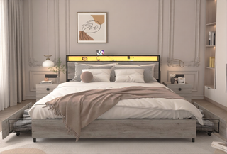 Sunvega Queen Bed Frame with Storage Headboard Charging Station and Smart LED Lights