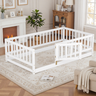 Sunvega Full Size Montessori Floor Bed with Fence Door and Slats for Kids