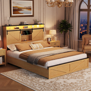 Sunvega Farmhouse Full Size Bed Frame with Storage Headboard, Drawers, Charging Station & LED Lights