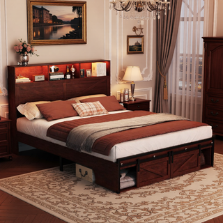 Sunvega Farmhouse Full Size Bed Frame with Storage Headboard, Drawers, Charging Station & LED Lights