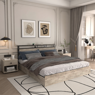 Sunvega Queen Bed Frame with Storage Headboard Charging Station and Smart LED Lights